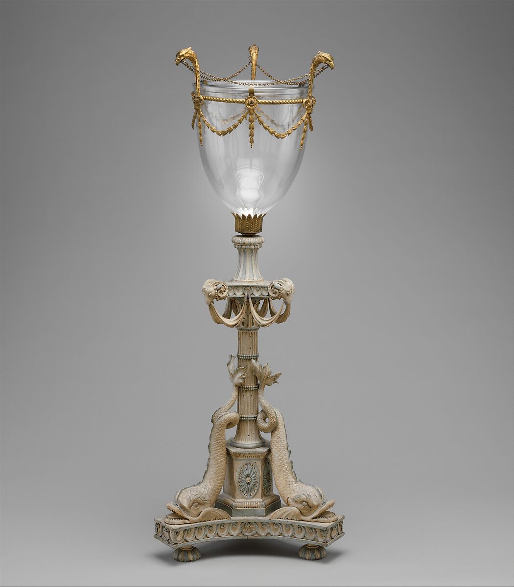 Candlestand (one of a pair), Carved and painted basswood, glass and gilded-bronze mounts, British 