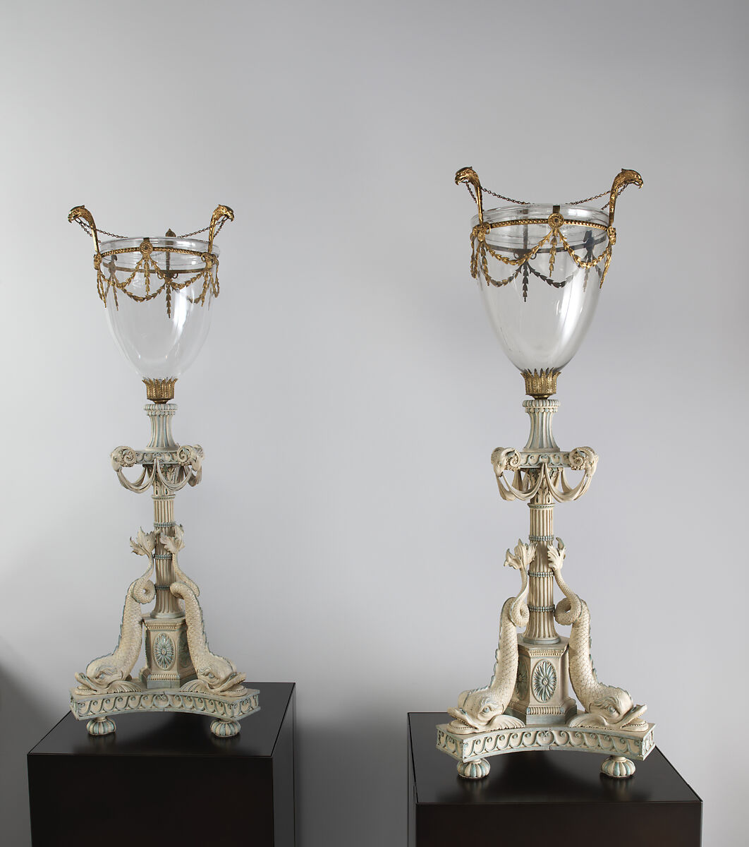 Candlestand (one of a pair), Carved and painted basswood, glass and gilded-bronze mounts, British