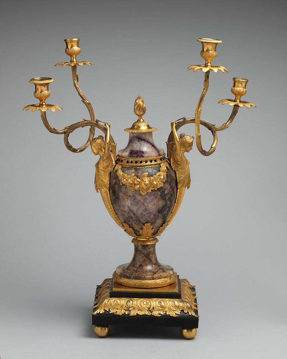 Candelabrum perfume burner (one of a pair), Matthew Boulton (British, Birmingham 1728–1809 Birmingham), Derbyshire spar, gilded bronze, wood, silvered copper, British, Soho near Birmingham 