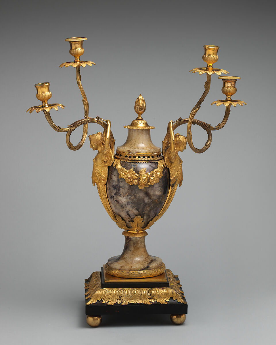 Candelabrum perfume burner (one of a pair), Matthew Boulton (British, Birmingham 1728–1809 Birmingham), Derbyshire spar, gilded bronze, wood, silvered copper, British, Soho near Birmingham