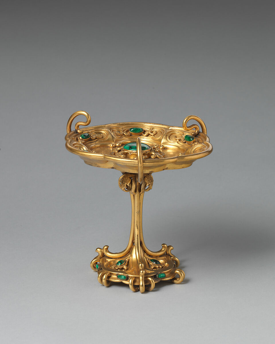 Small tazza (one of a pair, part of a set), Asprey (British, founded 1781), Gilt bronze, malachite, British, London