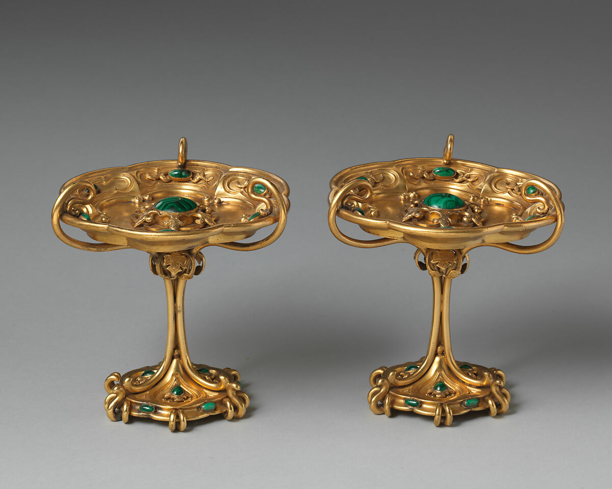Small tazza (one of a pair, part of a set), Asprey (British, founded 1781), Gilt bronze, malachite, British, London 