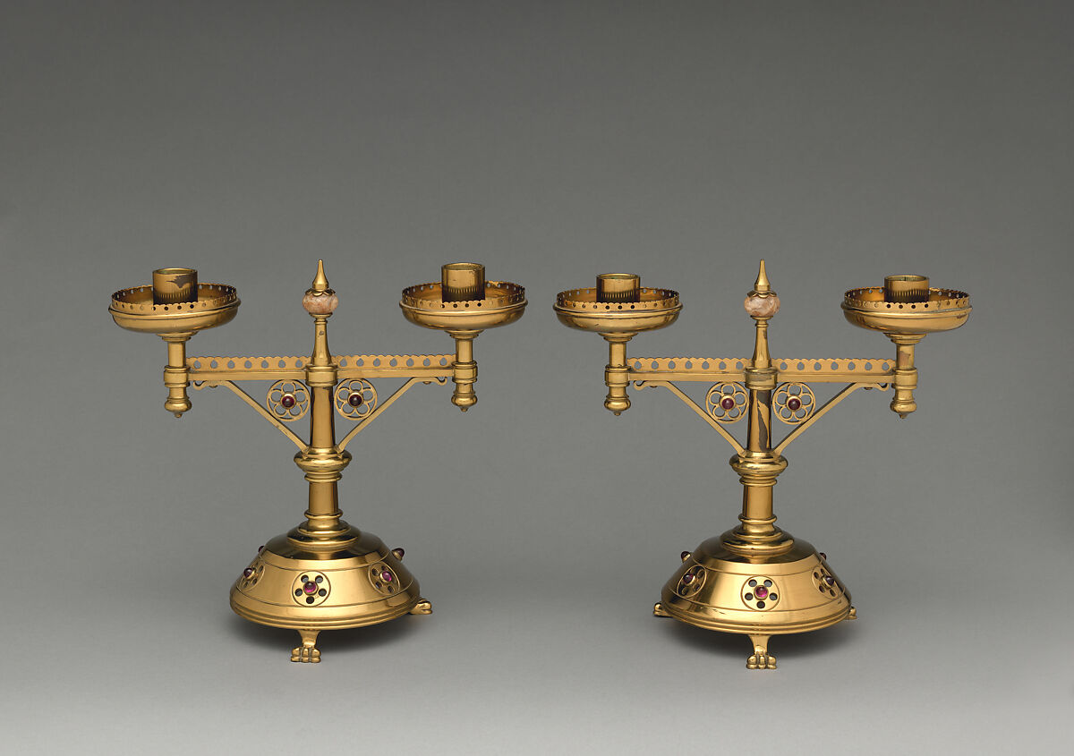 Candlestick (one of a pair), Bruce J. Talbert (British, Dundee, Scotland 1838–1881 London), Wrought brass, inset with cabochons and quartz, British 
