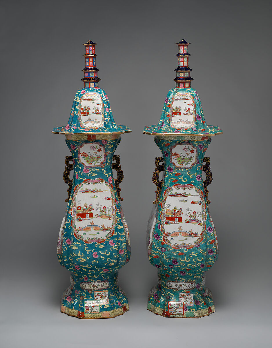 Vase with lid (one of a pair), C. J. Mason and Co. (British, 1826–1848), Earthenware with transfer-printed and enamel decoration, British, Fenton, Staffordshire