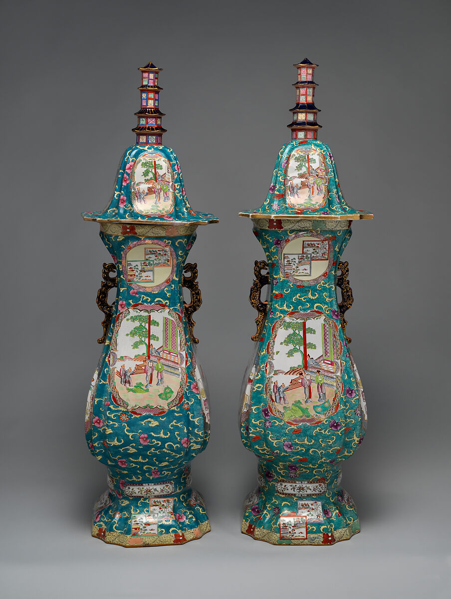 Vase with lid (one of a pair), C. J. Mason and Co. (British, 1826–1848), Earthenware with transfer-printed and enamel decoration, British, Fenton, Staffordshire 
