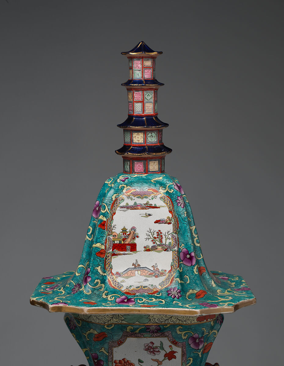 Vase with lid (one of a pair), C. J. Mason and Co. (British, 1826–1848), Earthenware with transfer-printed and enamel decoration, British, Fenton, Staffordshire