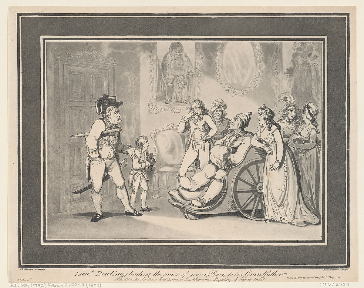 Lieutenant Bowling pleading the cause of young Rory to his Grandfather, Thomas Rowlandson (British, London 1757–1827 London), Etching and aquatint 