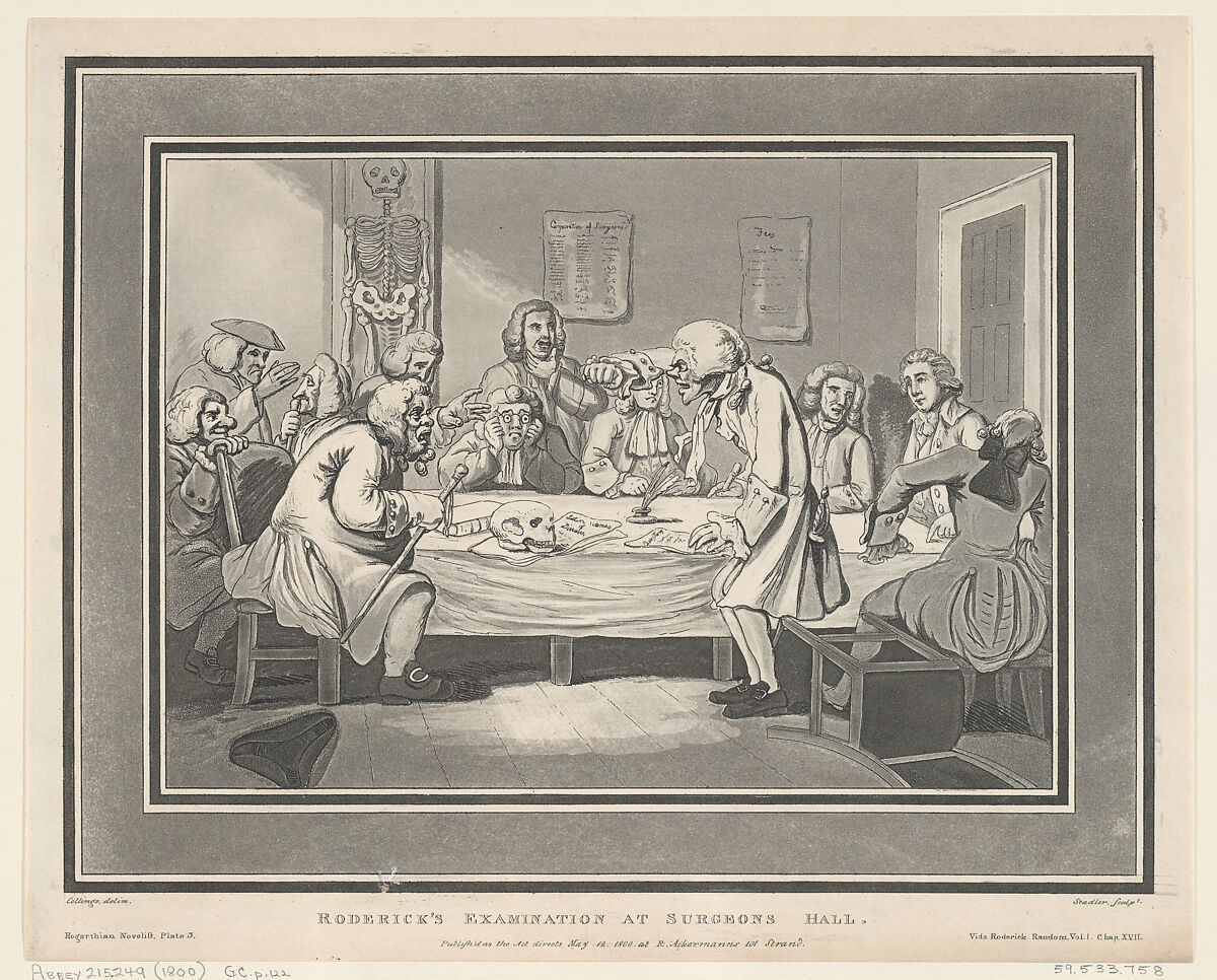 Roderick's Examination at Surgeon's Hall, Thomas Rowlandson (British, London 1757–1827 London), Etching and aquatint 