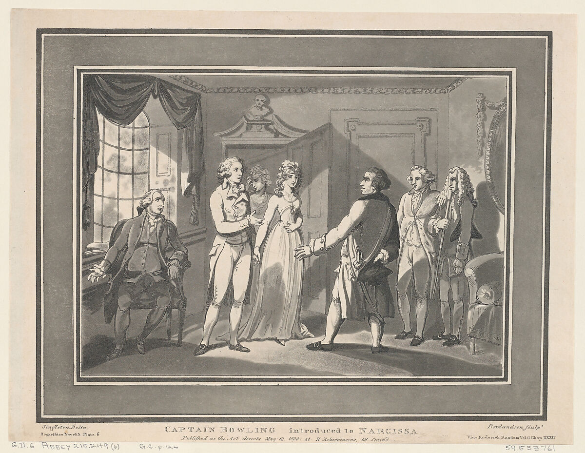 Captain Bowling introduced to Narcissa, Thomas Rowlandson (British, London 1757–1827 London), Etching and aquatint 