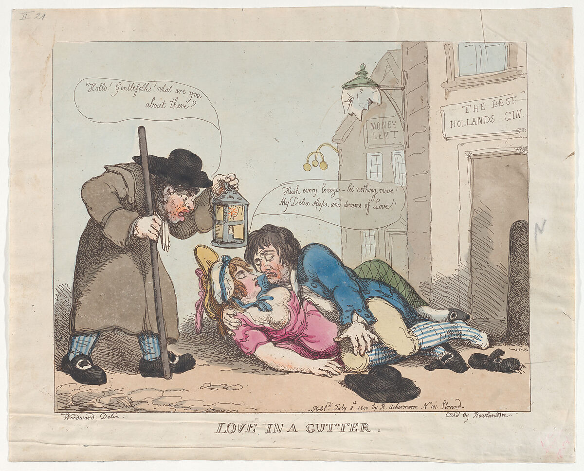 Love in the Gutter, Thomas Rowlandson (British, London 1757–1827 London), Hand-colored etching 
