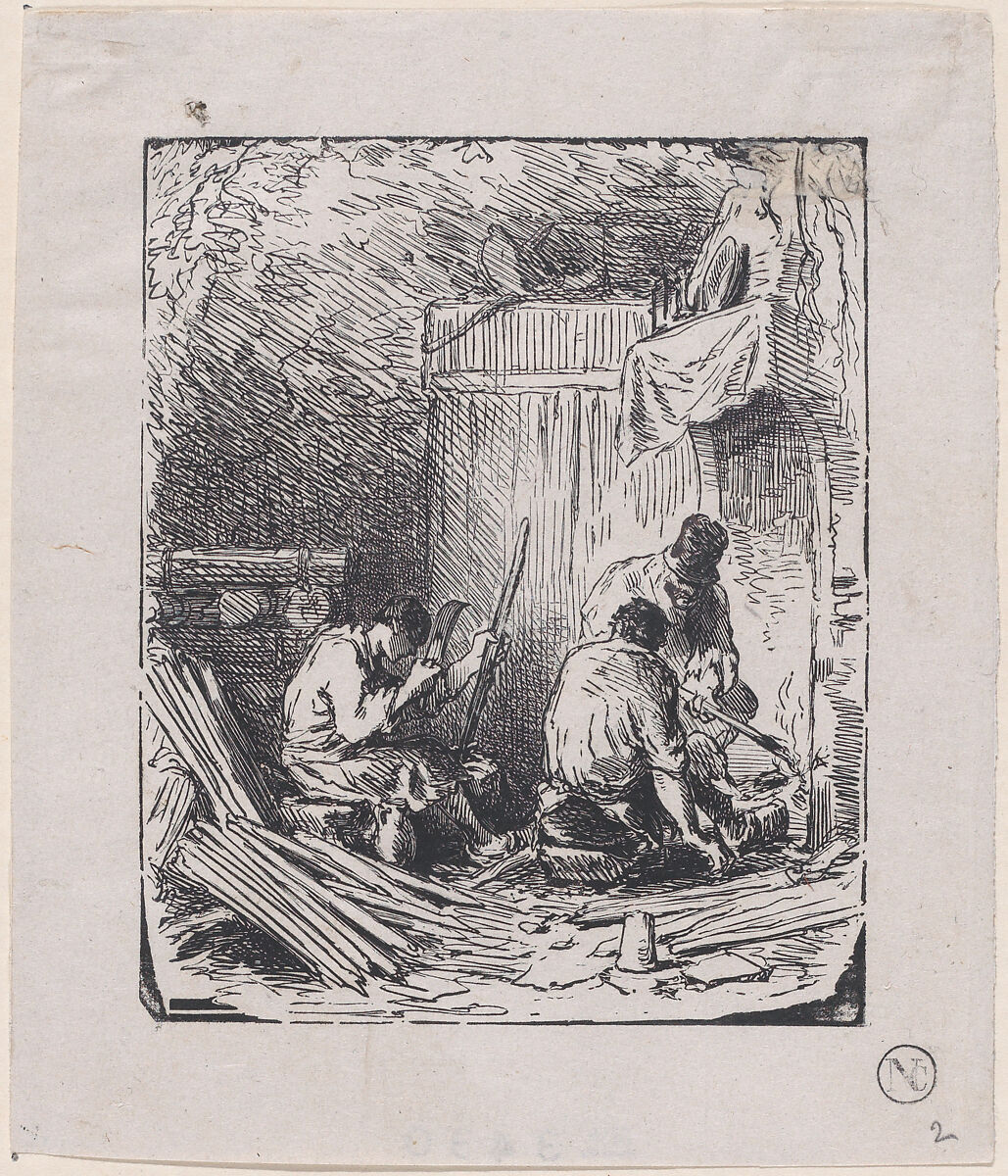 Three men at work by fire, After Charles Jacque (French, Paris 1813–1894 Paris), Wood engraving 