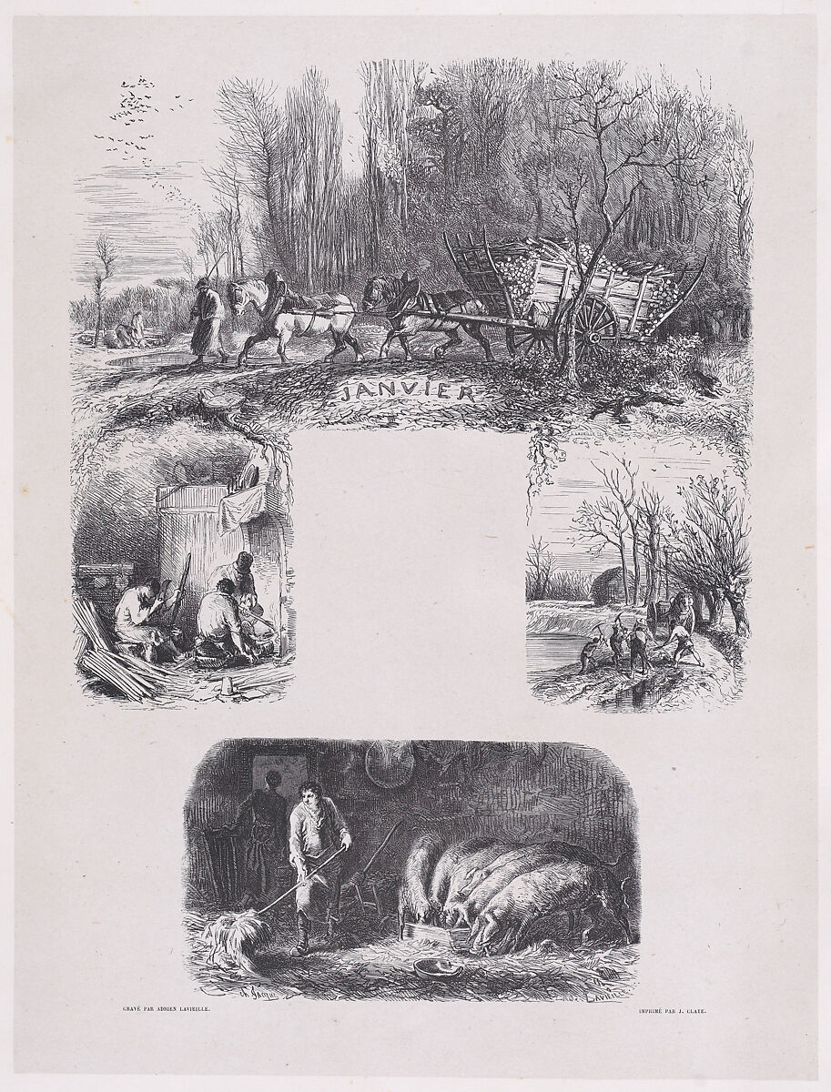 January, from "Album of Rustic Subjects", Charles Jacque (French, Paris 1813–1894 Paris), Wood engraving 