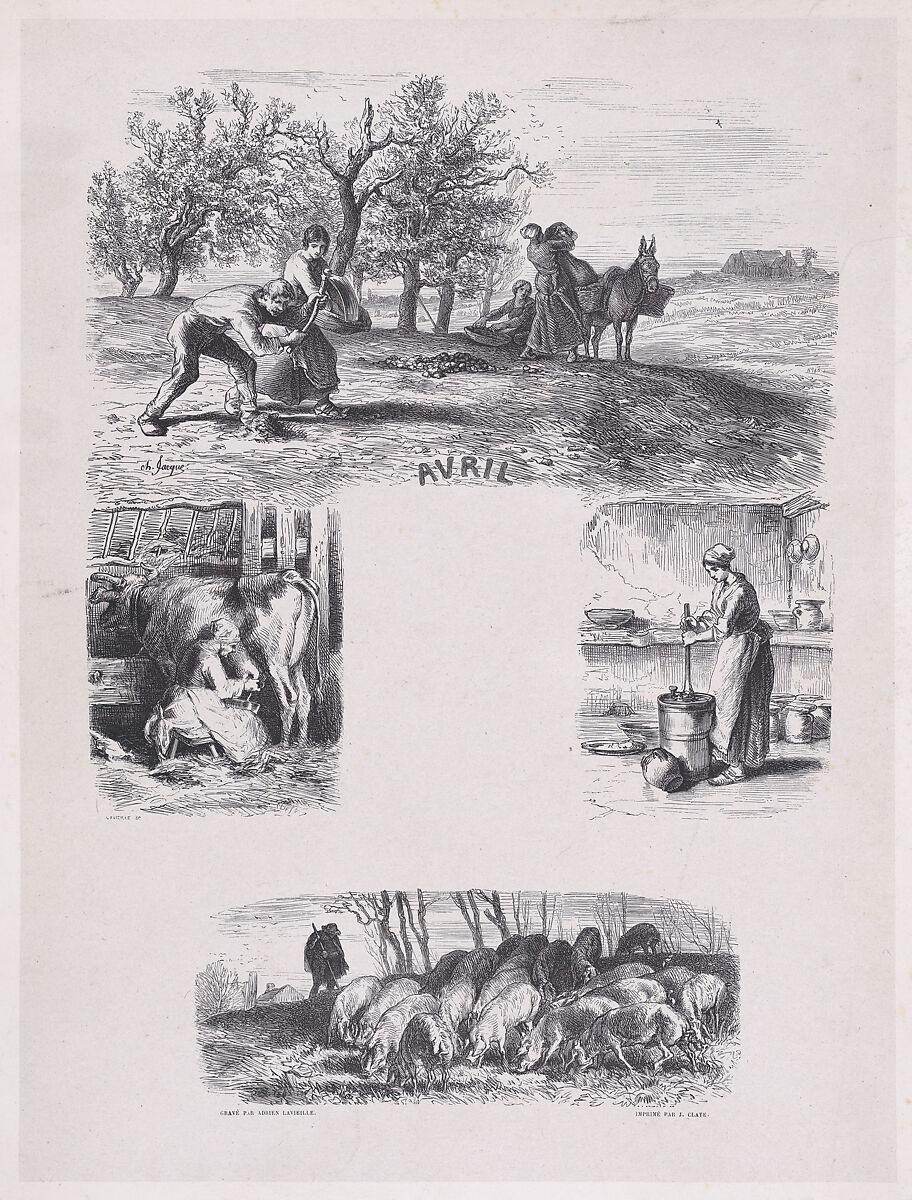 April, from  "Album of Rustic Subjects", Charles Jacque (French, Paris 1813–1894 Paris), Wood engraving 