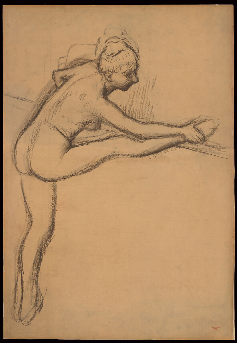 Study of a Nude (Dancer at the Barre), Edgar Degas (French, Paris 1834–1917 Paris), Charcoal on tracing paper laid down on card 