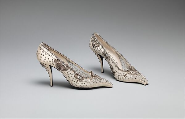 Evening shoes, House of Dior (French, founded 1946), silk, leather, nylon, metallic thread, glass, French 