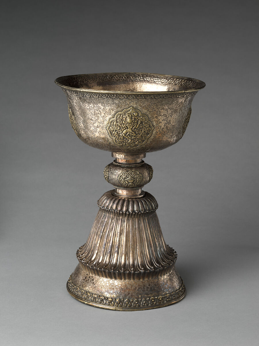 Pair of Butter Lamps, Gilt silver with repoussé and engraving, Central Tibet