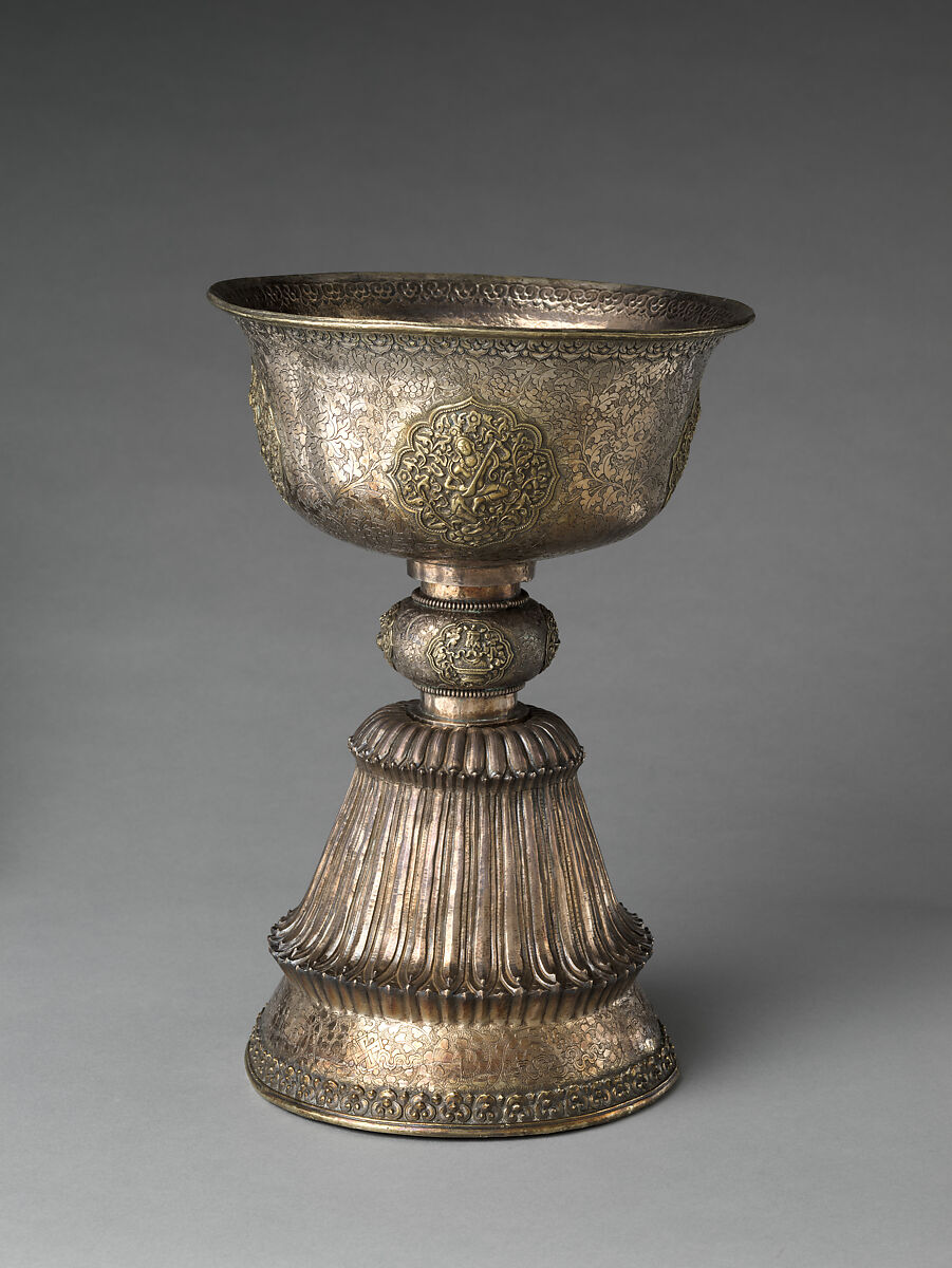 Pair of Butter Lamps, Gilt silver with repoussé and engraving, Central Tibet