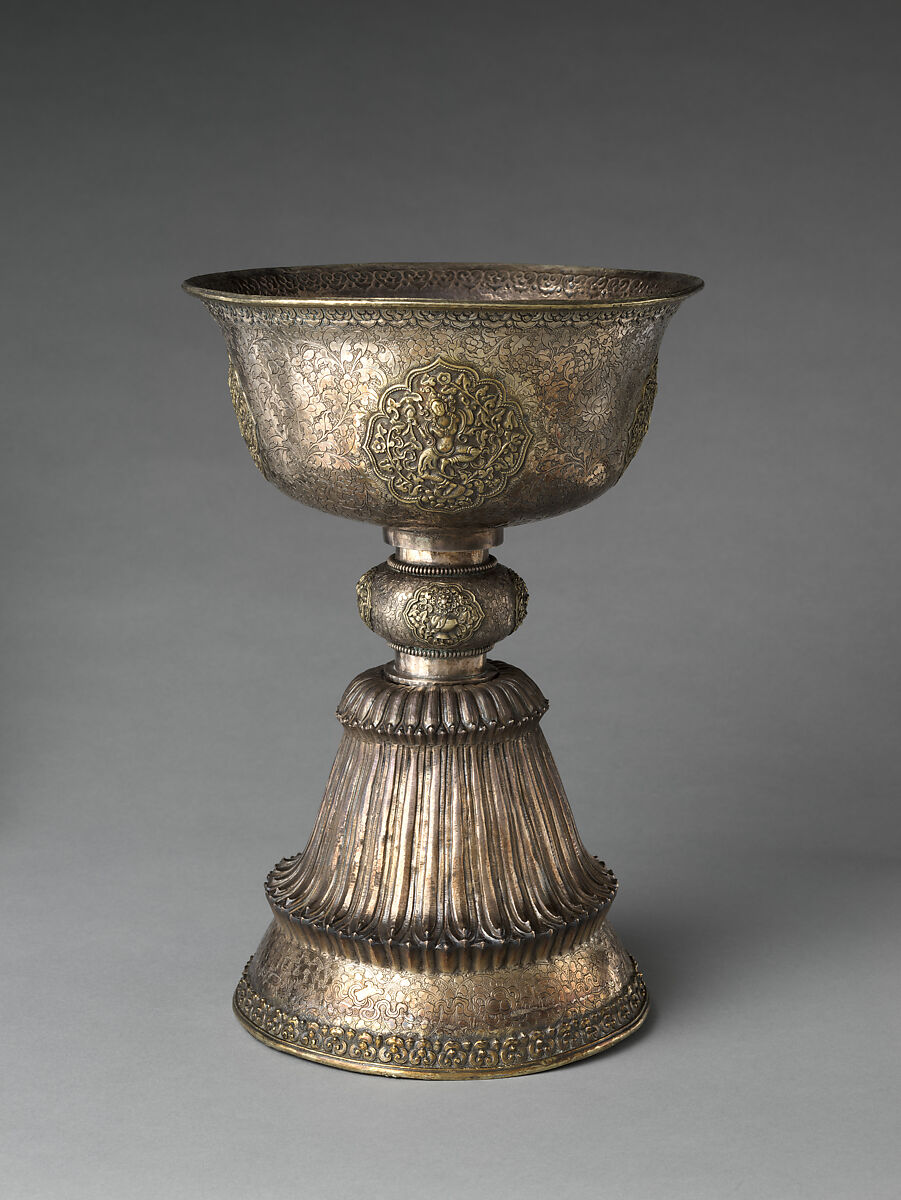 Pair of Butter Lamps, Gilt silver with repoussé and engraving, Central Tibet