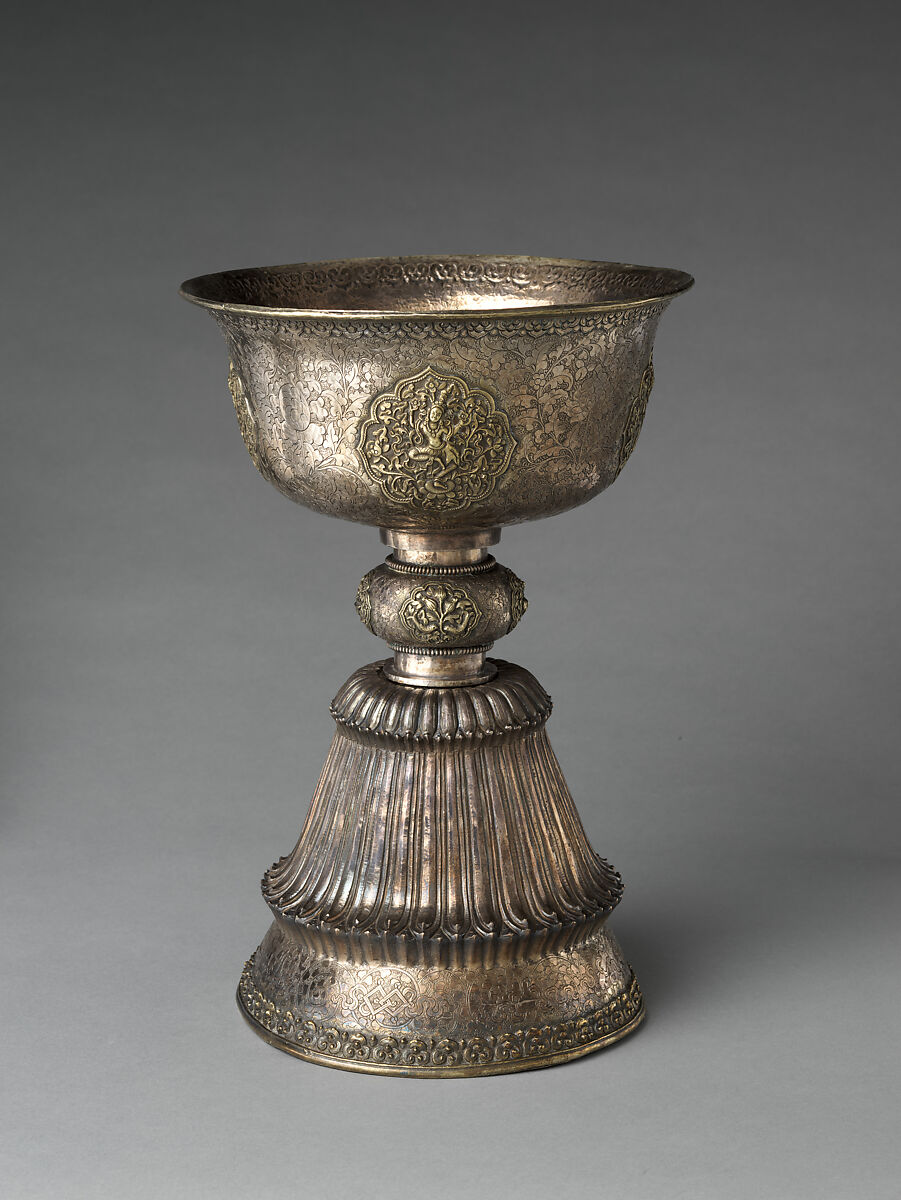 Pair of Butter Lamps, Gilt silver with repoussé and engraving, Central Tibet