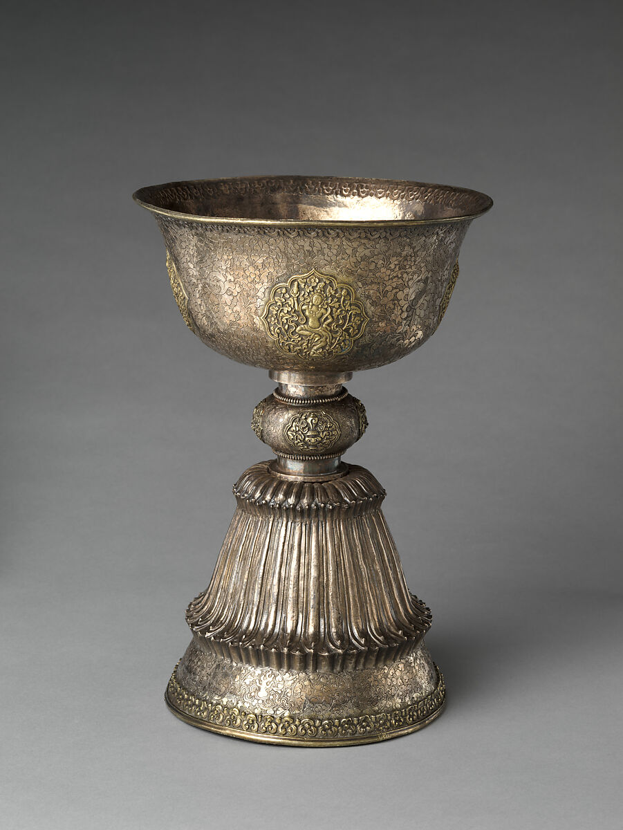 Pair of Butter Lamps, Gilt silver with repoussé and engraving, Central Tibet