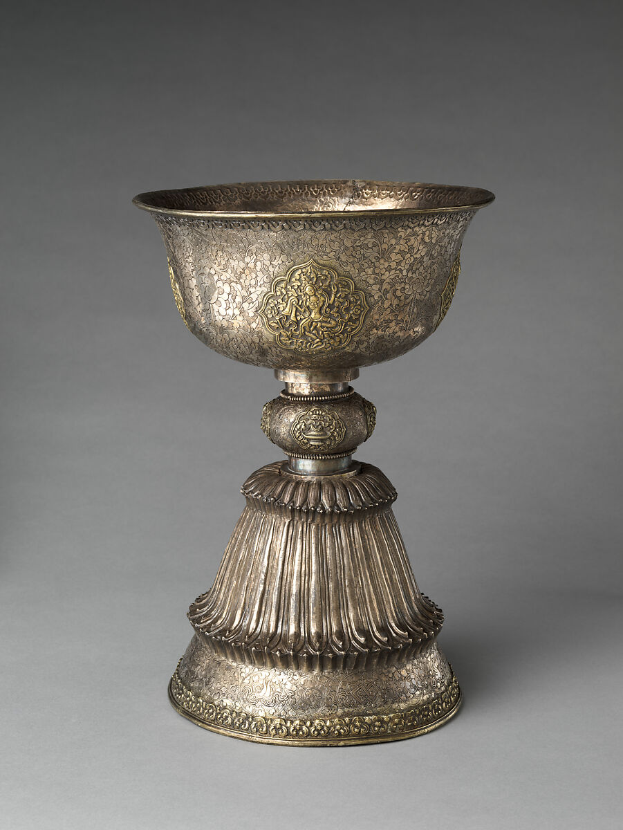 Pair of Butter Lamps, Gilt silver with repoussé and engraving, Central Tibet