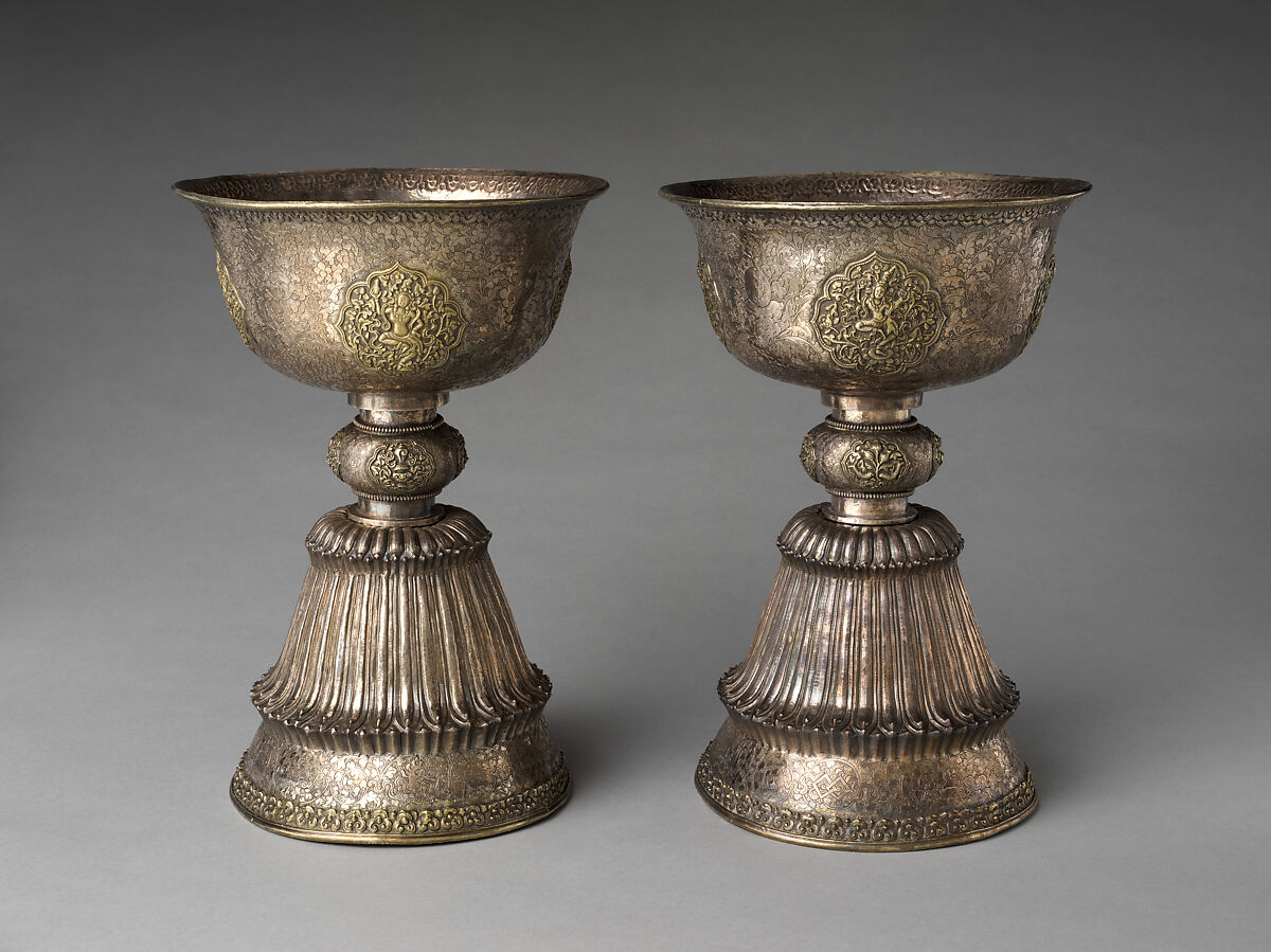 Pair of Butter Lamps, Gilt silver with repoussé and engraving, Central Tibet 
