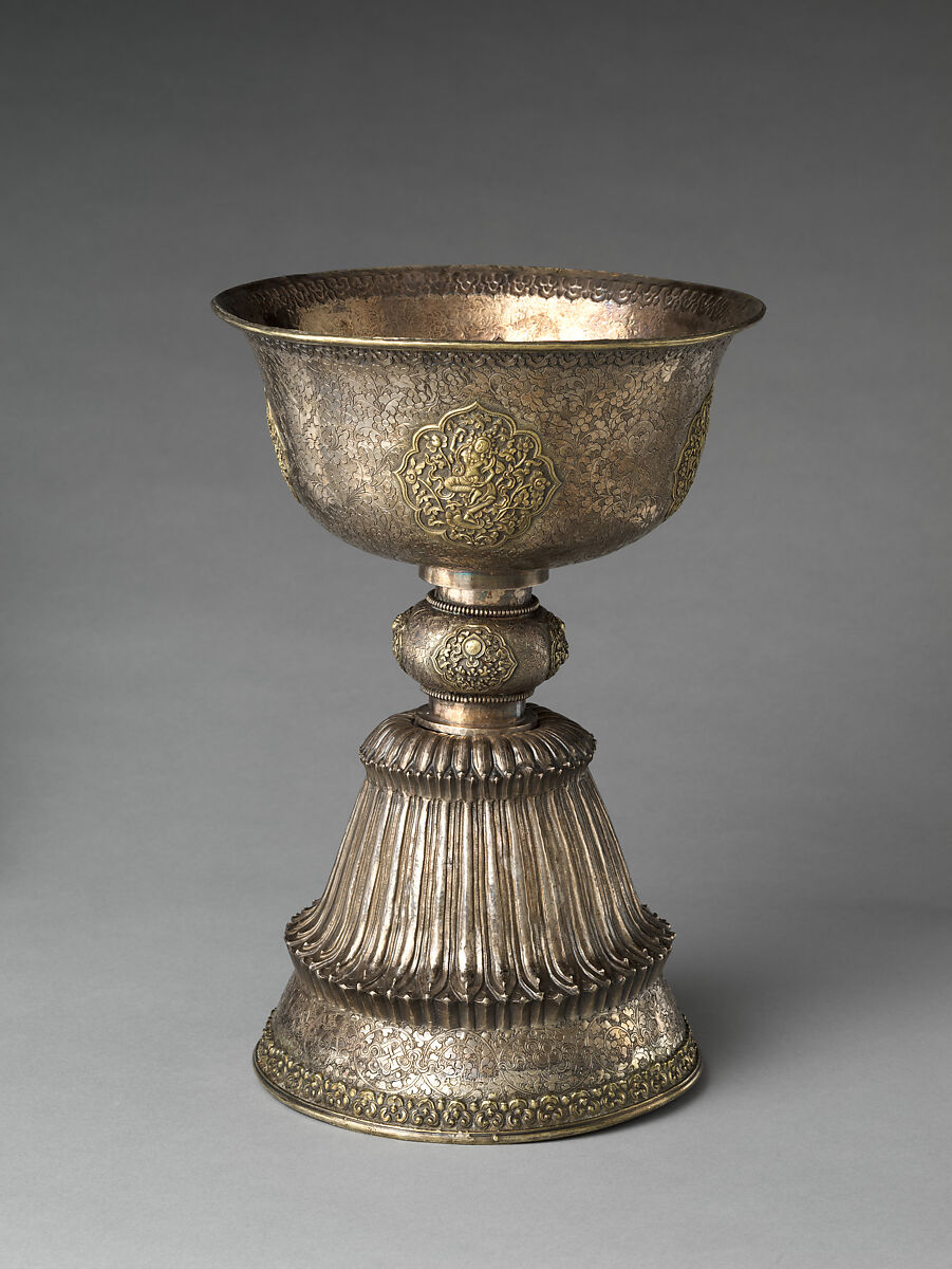 Pair of Butter Lamps, Gilt silver with repoussé and engraving, Central Tibet
