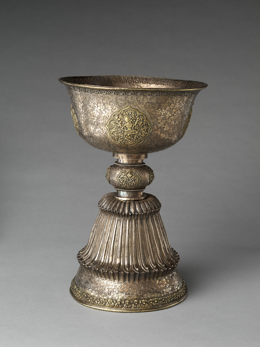 Pair of Butter Lamps, Gilt silver with repoussé and engraving, Central Tibet