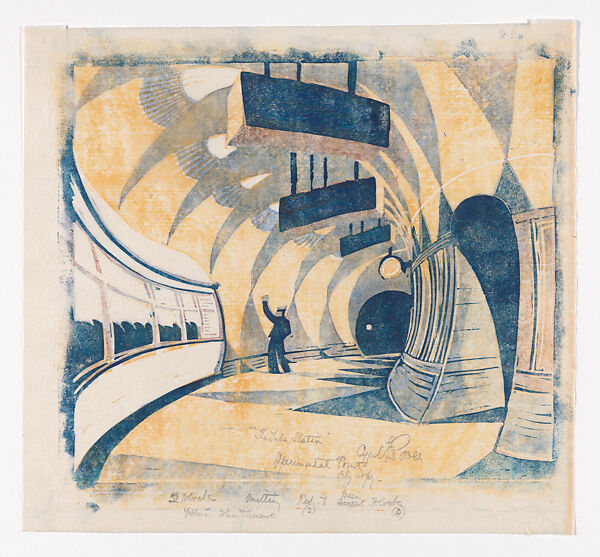 The Tube Station (Unique Experimental Proof), Cyril E. Power (British, London 1872–1951 London), Linocut on Japanese paper 