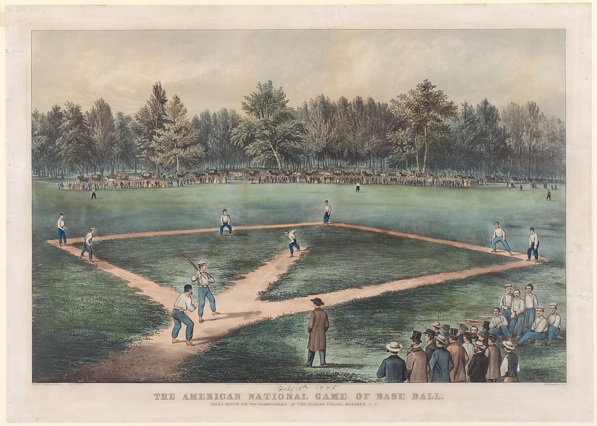 The American National Game of Base Ball: Grand Match for the Championship at the Elysian Fields, Hoboken, N. J., Currier &amp; Ives (American, active New York, 1857–1907), Hand-colored lithograph 