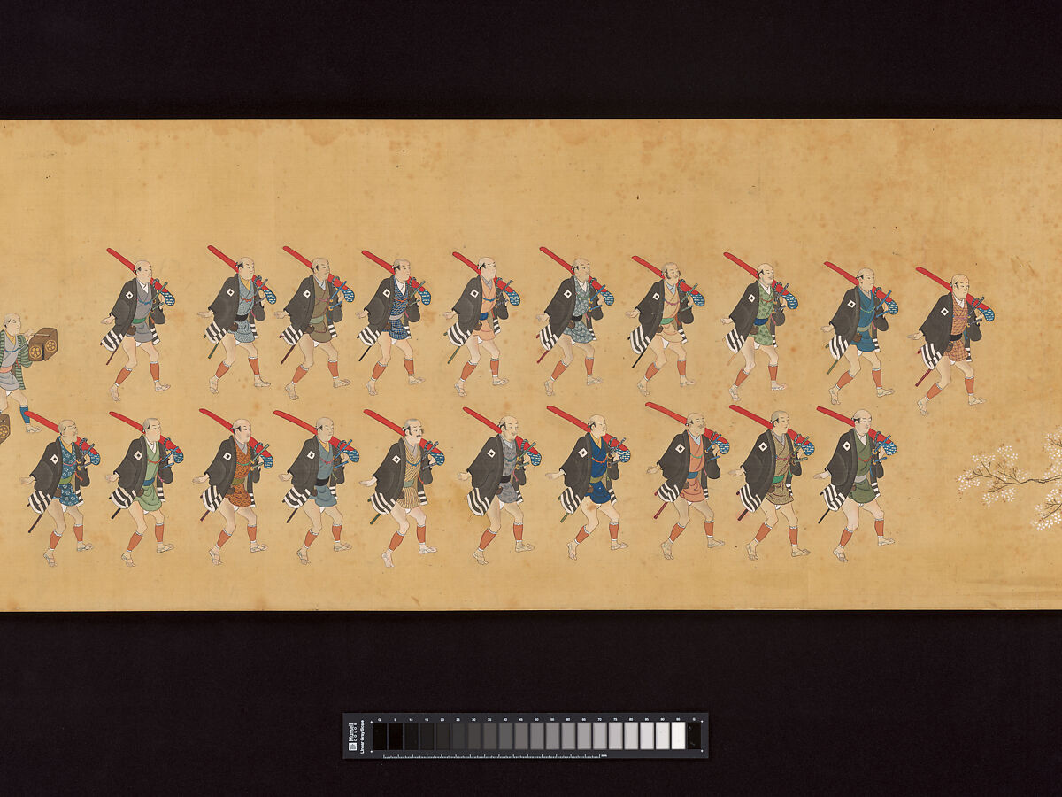 Daimyo Procession to Edo, Hishikawa School, Handscroll; ink, color, and gold on silk, Japan