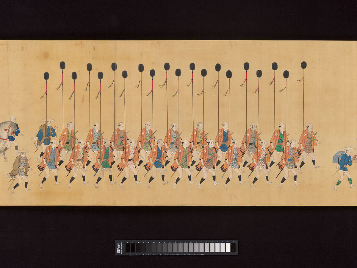 Daimyo Procession to Edo, Hishikawa School, Handscroll; ink, color, and gold on silk, Japan