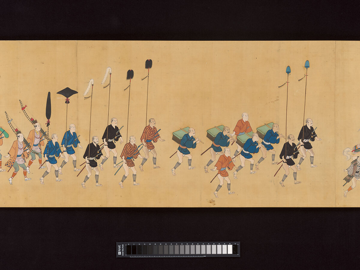 Daimyo Procession to Edo, Hishikawa School, Handscroll; ink, color, and gold on silk, Japan