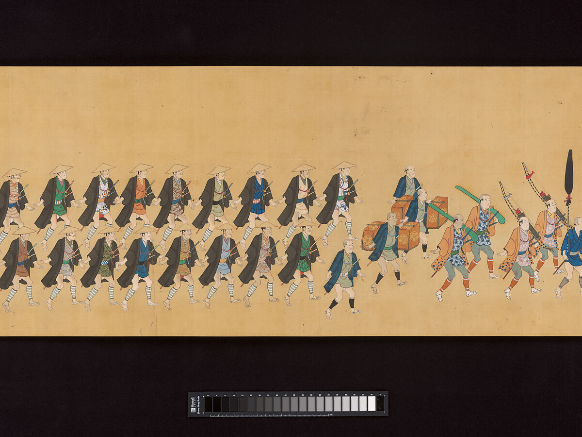 Daimyo Procession to Edo, Hishikawa School, Handscroll; ink, color, and gold on silk, Japan