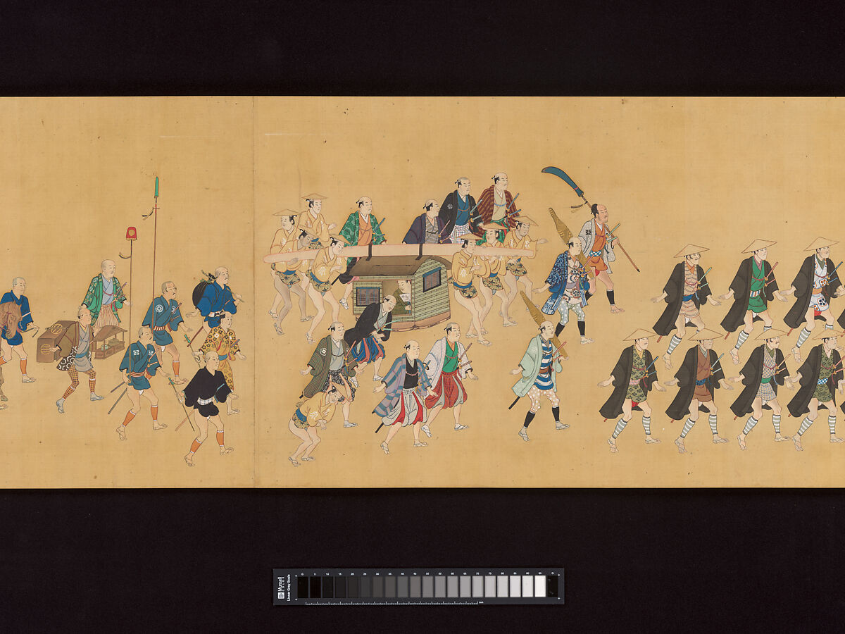 Daimyo Procession to Edo, Hishikawa School, Handscroll; ink, color, and gold on silk, Japan