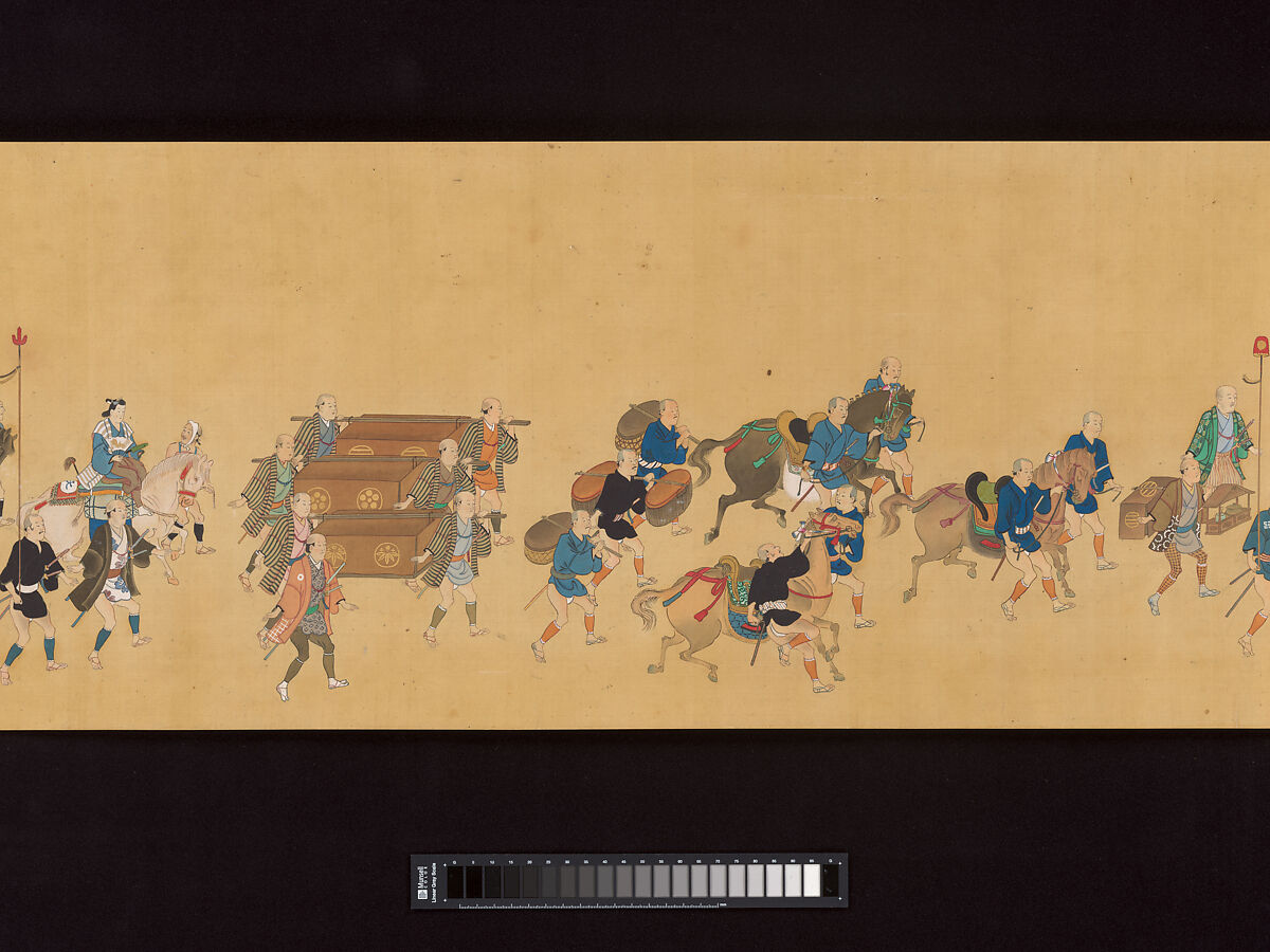 Daimyo Procession to Edo, Hishikawa School, Handscroll; ink, color, and gold on silk, Japan