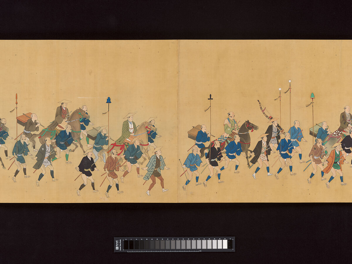 Daimyo Procession to Edo, Hishikawa School, Handscroll; ink, color, and gold on silk, Japan