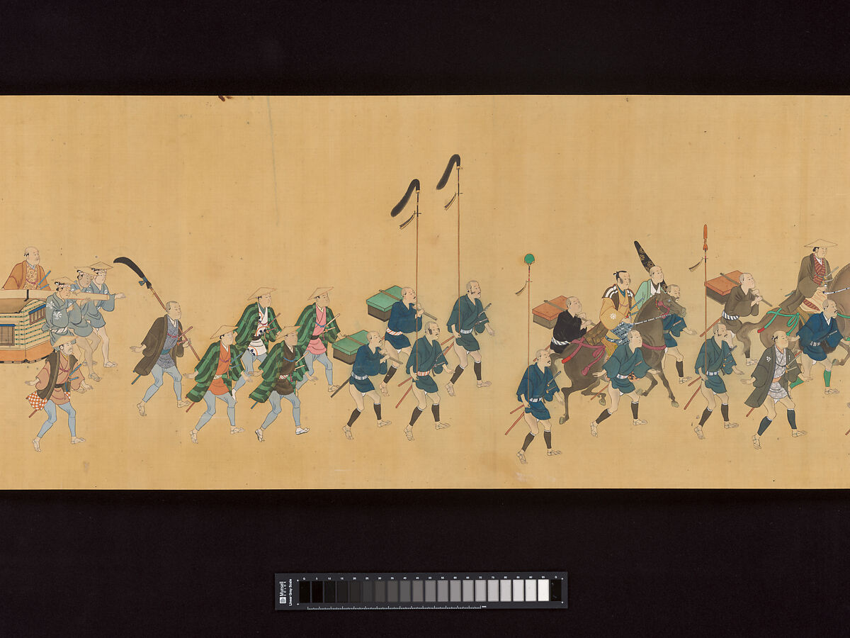 Daimyo Procession to Edo, Hishikawa School, Handscroll; ink, color, and gold on silk, Japan