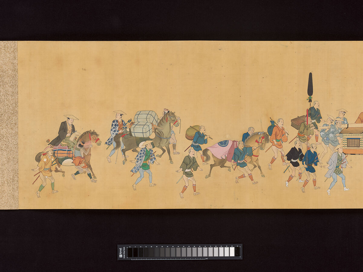 Daimyo Procession to Edo, Hishikawa School, Handscroll; ink, color, and gold on silk, Japan