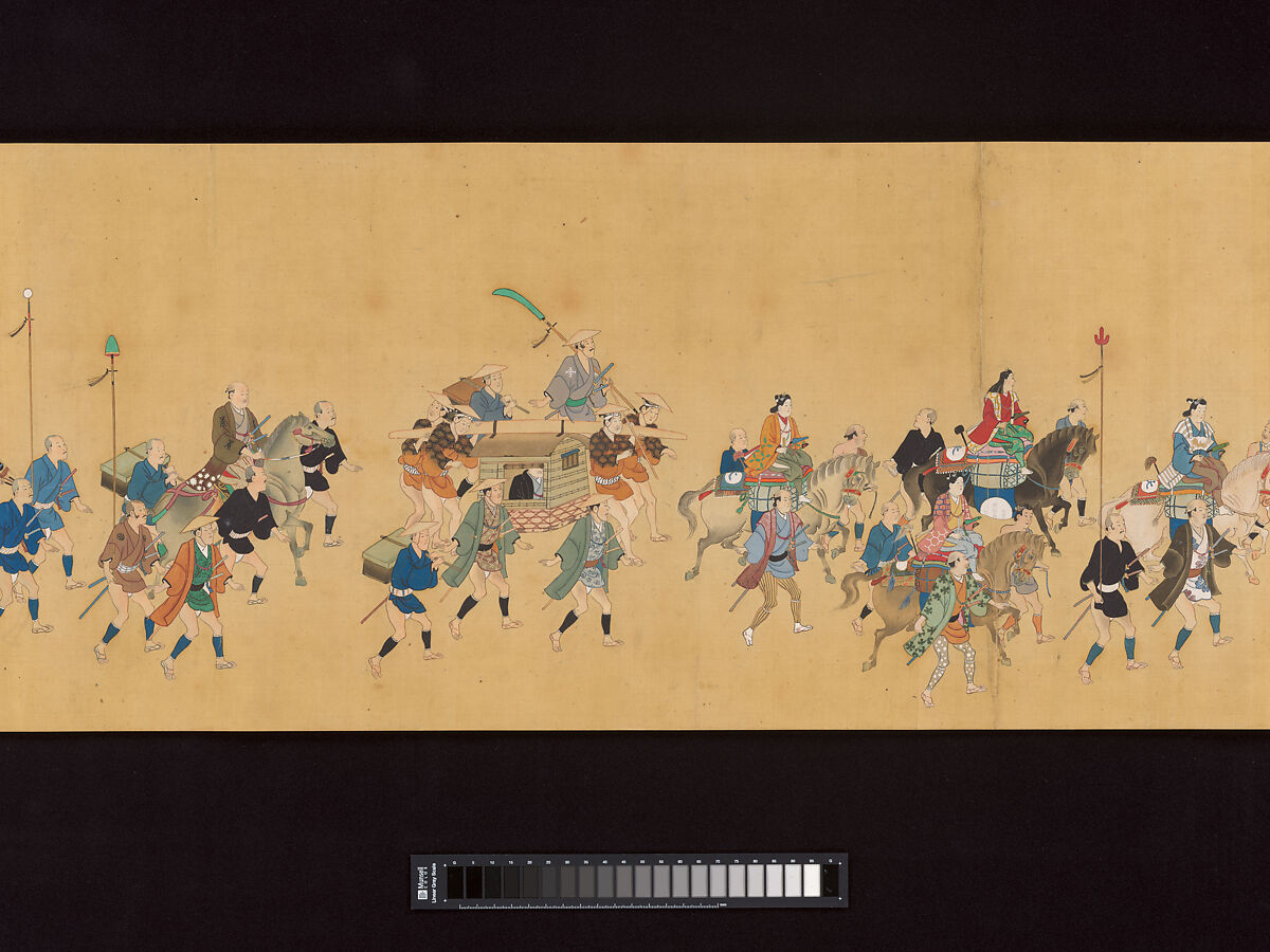 Daimyo Procession to Edo, Hishikawa School, Handscroll; ink, color, and gold on silk, Japan 