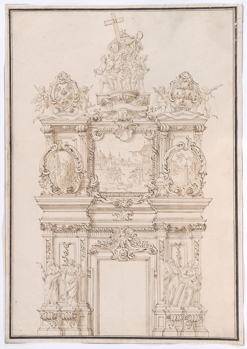 Elevation for a Wall Decoration Scheme for a Church Interior with Scenes dedicated to the Legend of the Holy Cross, Anonymous, Central European, 18th century, Pen and brown ink, partially over graphite 