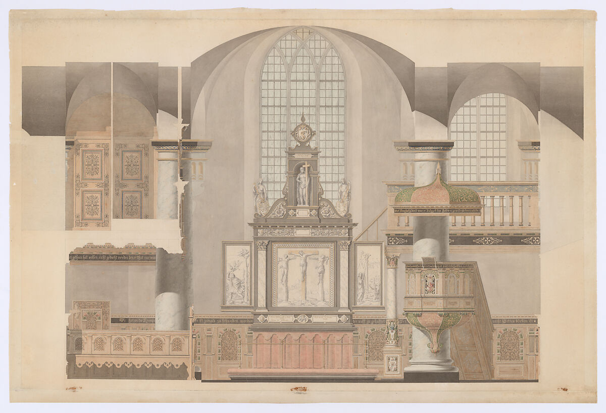 Elevation of the Altar Wall in the Royal Chapel at Kronborg Castle, Denmark, Attributed to Michael Gottlieb Bindesbøll (Danish, Ledøje 1800–1856 Copenhagen), Watercolor over graphite, with white heightening and details in gold 