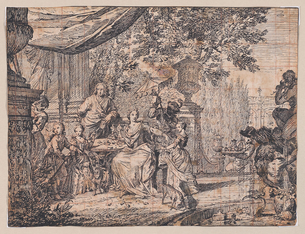 A  Family Gathering on a Terrace, Anonymous, French, 18th century, Pen and black ink, squared in red chalk 