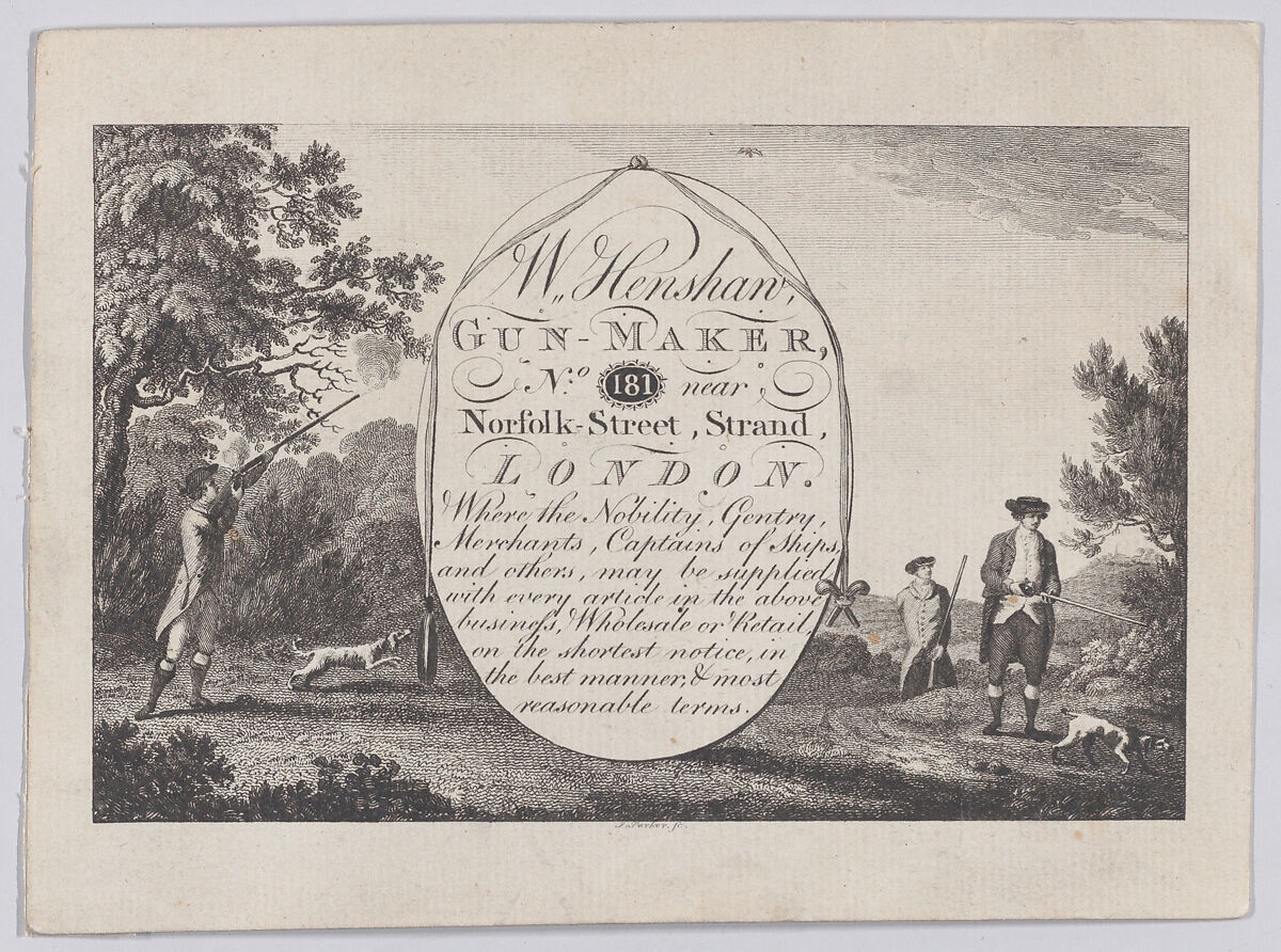 Trade Card for William Henshaw, Gunmaker, Anonymous, British, 18th century, Etching 