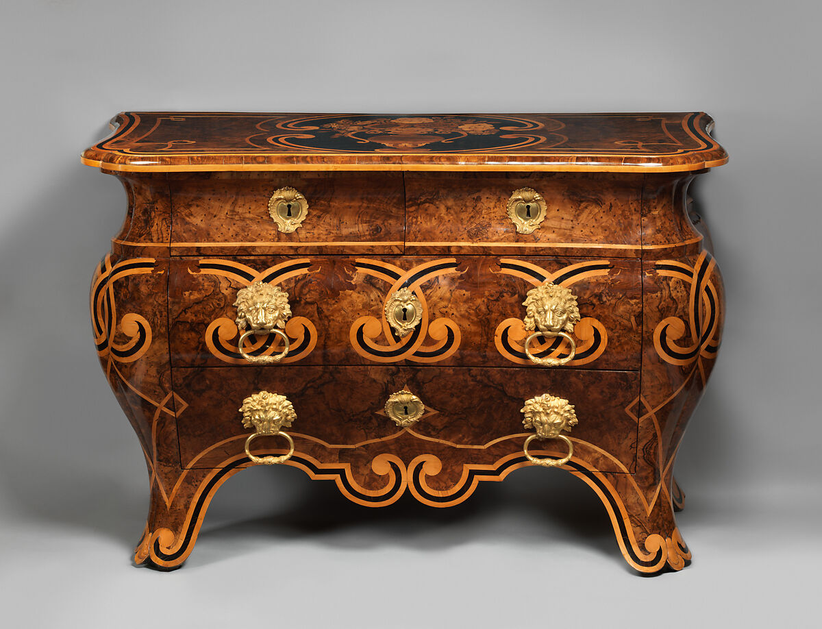 Commode, Pietro Piffetti (Italian, Turin 1701–1777 Turin), Marquetry of ebony, boxwood, walnut, and fruitwood; poplar (alberone) carcass; gilt-bronze mounts; iron locks, Italian, Turin 