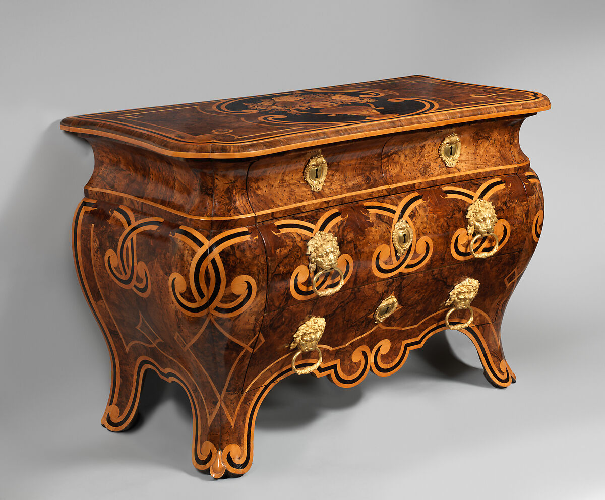 Commode, Pietro Piffetti (Italian, Turin 1701–1777 Turin), Marquetry of ebony, boxwood, walnut, and fruitwood; poplar (alberone) carcass; gilt-bronze mounts; iron locks, Italian, Turin