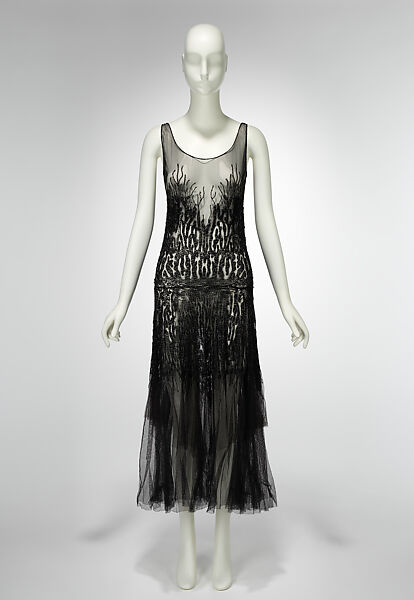 Evening dress, attributed to House of Chanel (French, founded 1910), silk, glass, French 