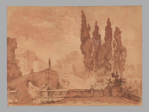 The Staircase of the Dragon Fountain at the Villa d’Este, Tivoli, Jean Honoré Fragonard (French, Grasse 1732–1806 Paris), Brush and brown wash over red chalk counterproof 