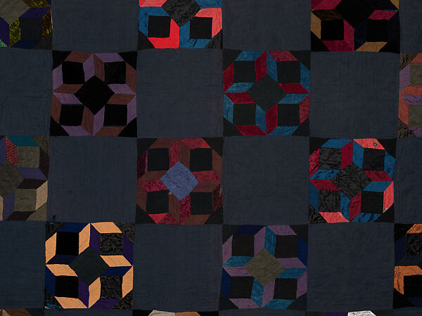Tumbling Blocks quilt, Alma (?) Yoder (American (Kalona, Iowa)), Cotton, silk, and velvet, American