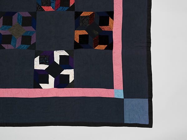 Tumbling Blocks quilt, Alma (?) Yoder (American (Kalona, Iowa)), Cotton, silk, and velvet, American